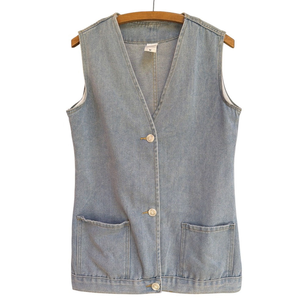 Vintage Style Women Blue Denim Vest Light Wash Stretch Button Front Medium - Picture 2 of 8